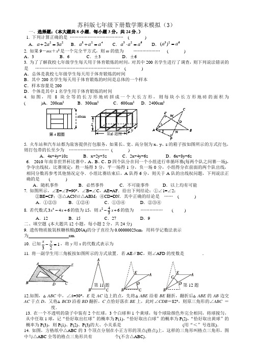 苏科版七年级数学下册期末模拟测试试卷(三)