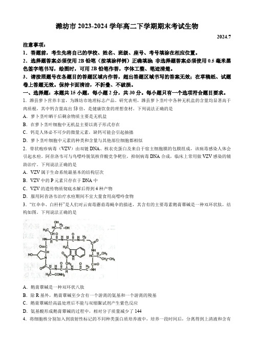 山东省潍坊市2023-2024学年高二下学期期末考试生物学试卷(含答案)