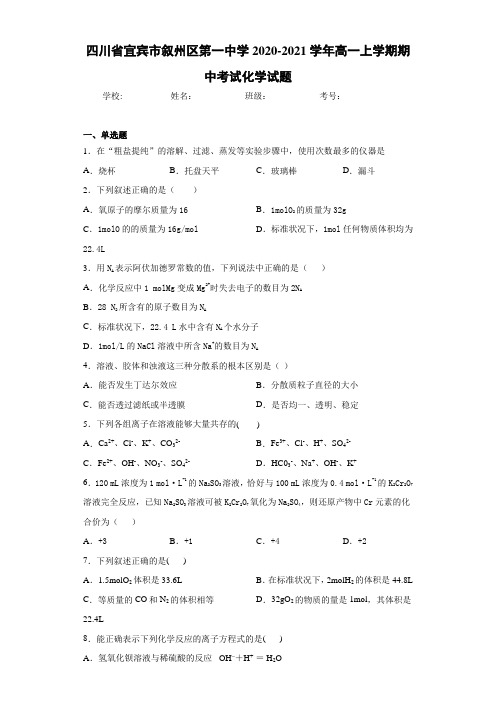 四川省宜宾市叙州区第一中学高一上学期期中考试化学试题