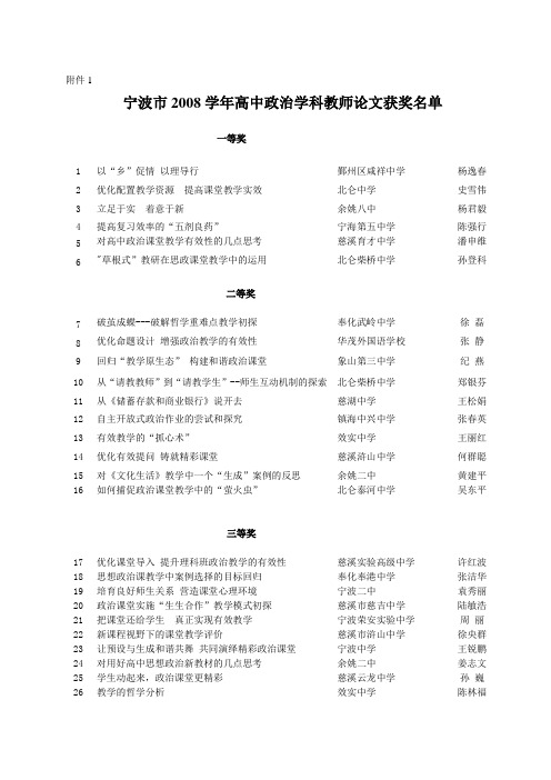 宁波市2008学年高中政治学科教师论文获奖名单