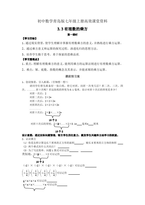 初中数学青岛版七年级上册高效课堂资料教案： 3.3 有理数的乘方(1)