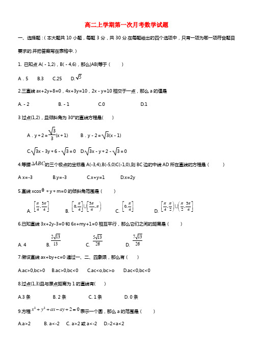 浙江省台州市外国语学校高二数学上学期第一次月考试题(1)