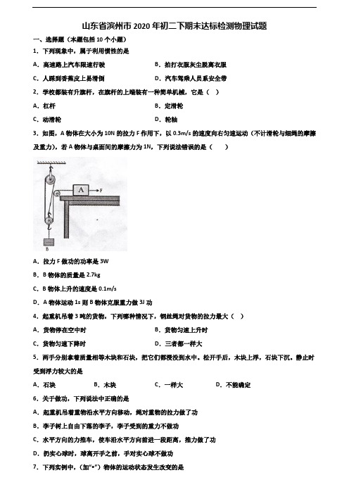 山东省滨州市2020年初二下期末达标检测物理试题含解析