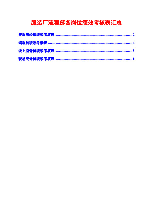 服装厂流程部各岗位绩效考核表汇总