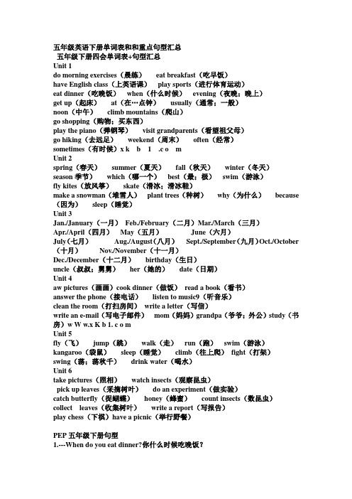 五年级英语下册单词表和和重点句型汇总