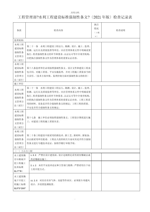 水利工程建设标准强制性条文检查记录表