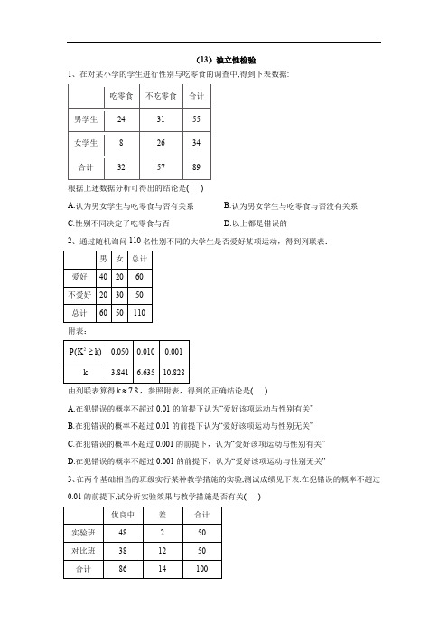 2019-2020学年高中数学北师大版选修2-3同步训练：(13)独立性检验 Word版含答案