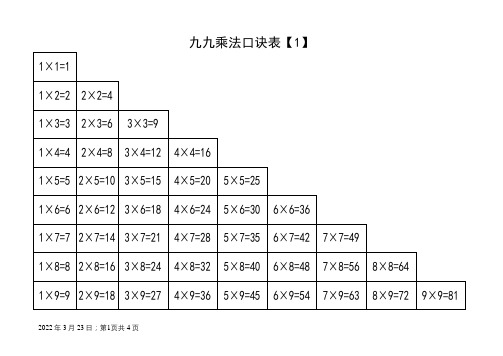 九九乘法口诀表(A4打印版)