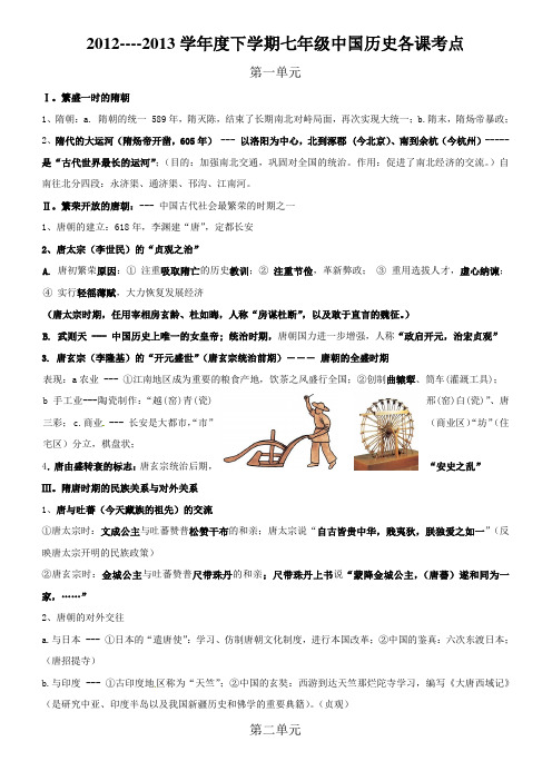 2012----2013学年度下学期七年级中国历史各课考点