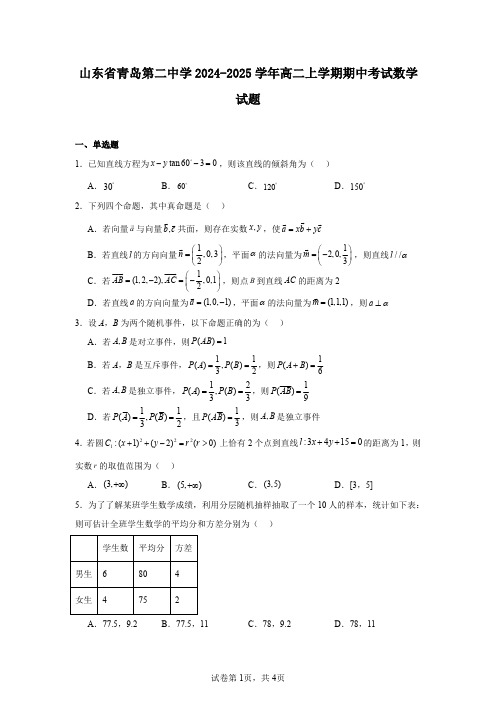 山东省青岛第二中学2024-2025学年高二上学期期中考试数学试题