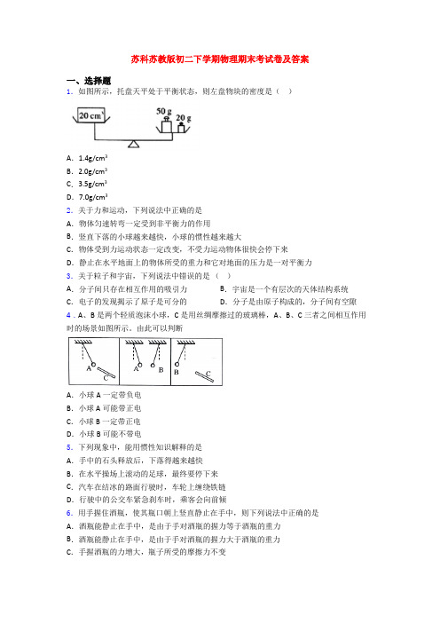 苏科苏教版初二下学期物理期末考试卷及答案