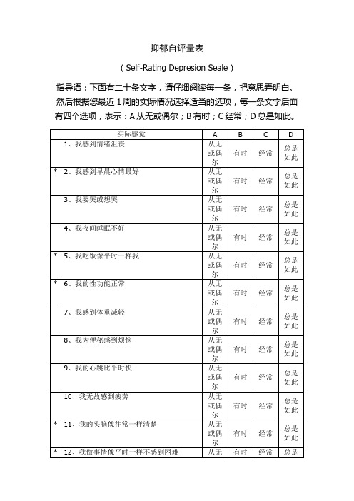 抑郁自评量表(SDS)量表和评分标准