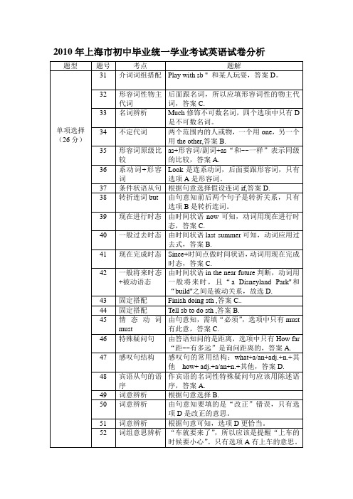 (完整word版)2010年上海市中考英语试卷分析