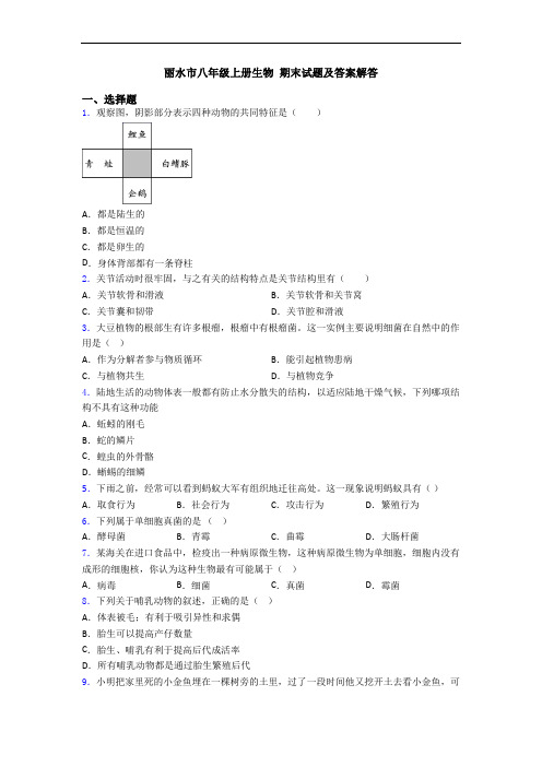 丽水市八年级上册生物 期末试题及答案解答