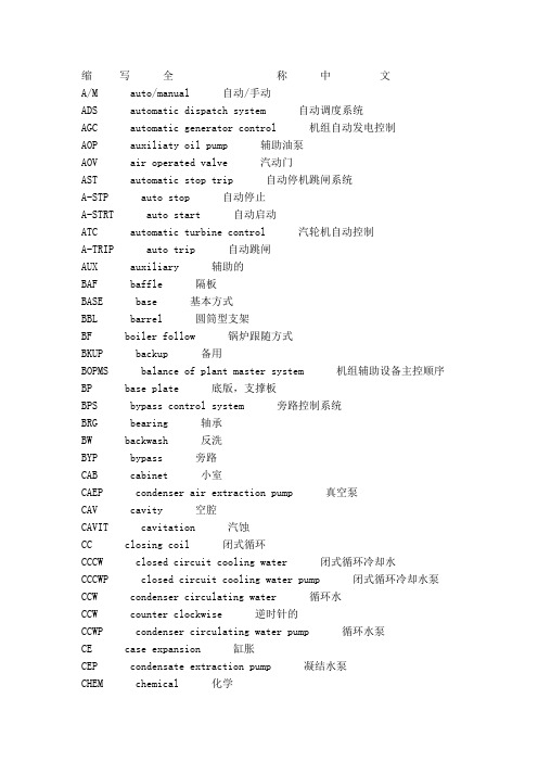 汽轮机缩写名词汇总