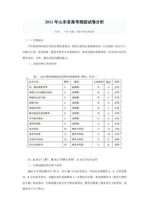 2011年山东省高考理综试卷分析