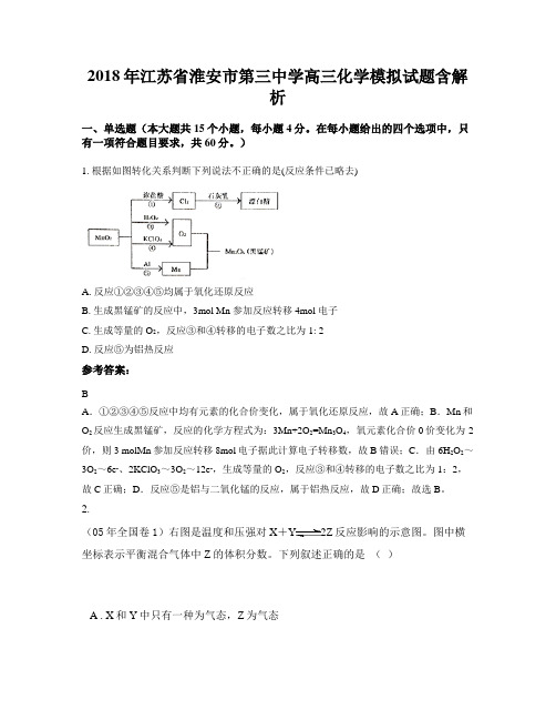 2018年江苏省淮安市第三中学高三化学模拟试题含解析