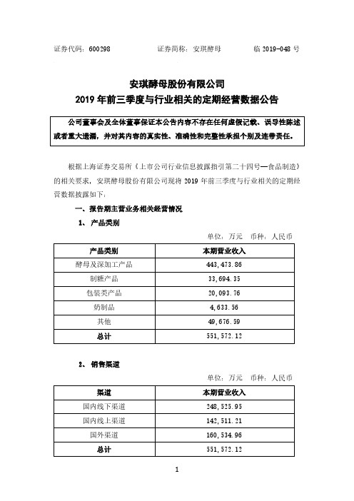 安琪酵母：2019年前三季度与行业相关的定期经营数据公告