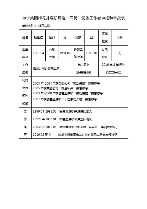 杨生仁申报矿“四优”党务工作者事迹材料