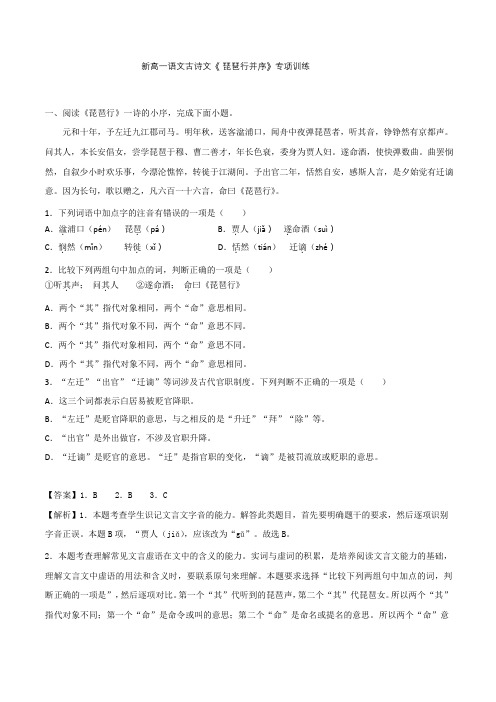 新高一语文古诗文琵琶行并序专项训练及答案