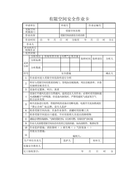 有限空间安全作业卡