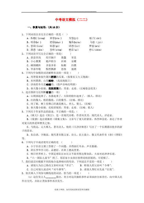 最新山东省泰安市中考语文模拟试题(二二)解析