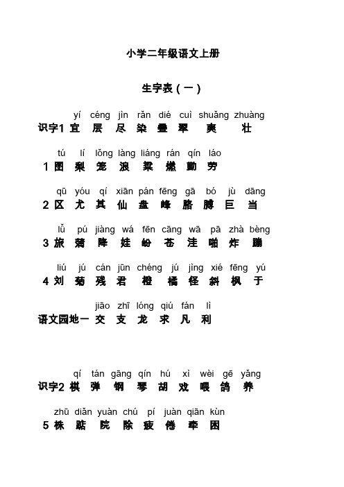 小学二年级语文上册生字表