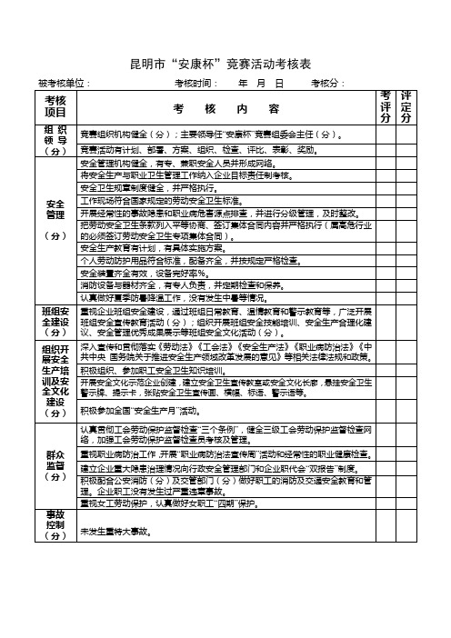 昆明市安康杯竞赛活动考核表