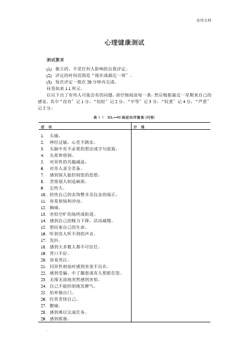 SCL--90 心理健康测试评分表