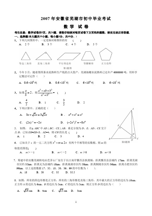 2007年安徽省芜湖市中考数学试卷及答案