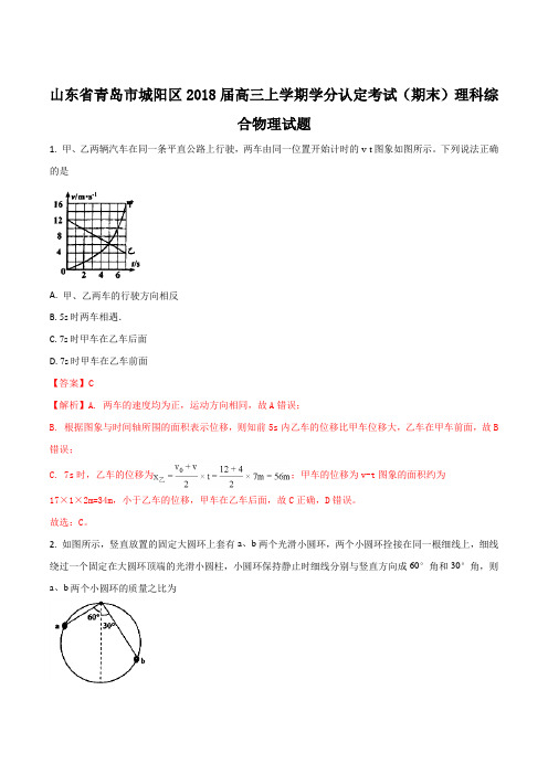 山东省青岛市城阳区2018届高三上学期学分认定考试(期末)理科综合物理试题(解析版)