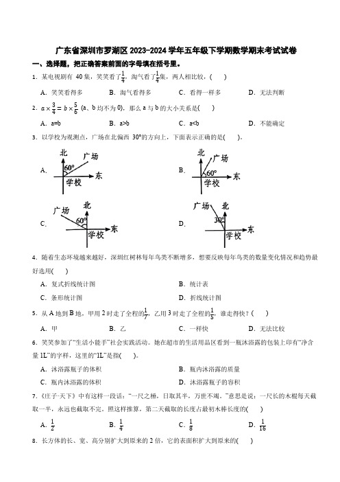 广东省深圳市罗湖区2023-2024学年五年级下学期数学期末考试试卷