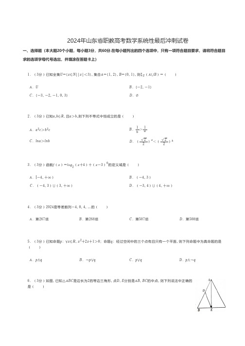 中职数学 2024年山东省职教高考数学系统性最后冲刺试卷