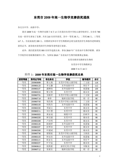 东莞市2009年高一生物学竞赛获奖通报