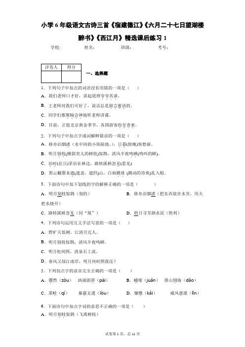 小学6年级语文古诗三首《宿建德江》《六月二十七日望湖楼醉书》《西江月》精选课后练习1(含答案)