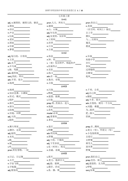 深圳牛津版初中单词中文意思汇总