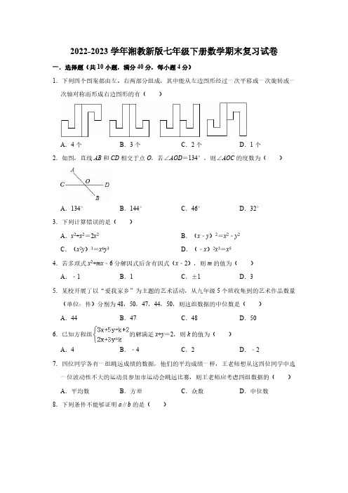 2022-2023学年湘教新版七年级下册数学期末复习试卷(含解析)