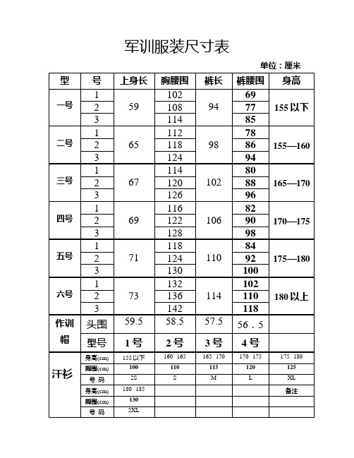 学生军训服迷彩服尺寸表及采购统计表