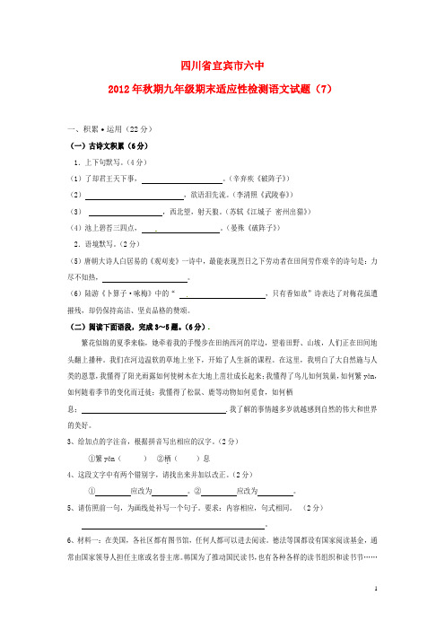 四川省宜宾市期九年级语文期末适应性检测试题(7) 新人教版