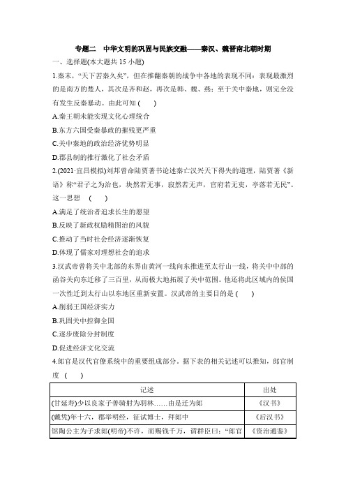 专题二 中华文明的巩固与民族交融——秦汉、魏晋南北朝时期 训练题-- 高考历史二轮复习(word版含