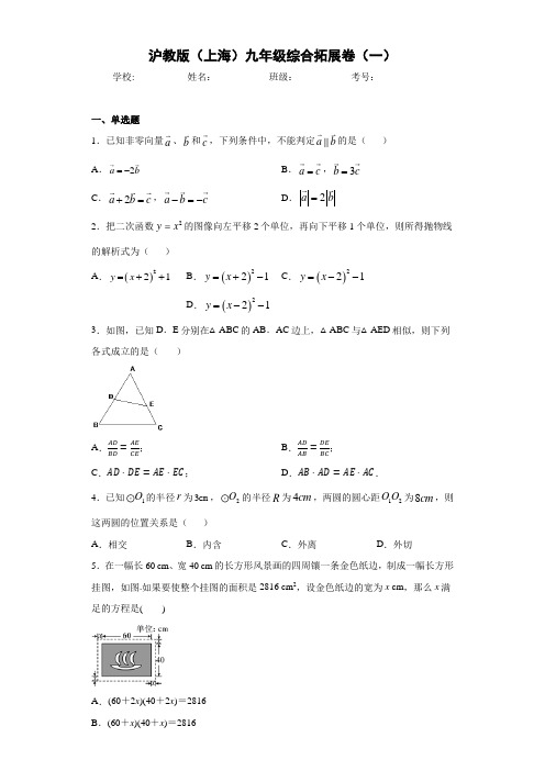 沪教版(上海)九年级综合拓展卷(一)