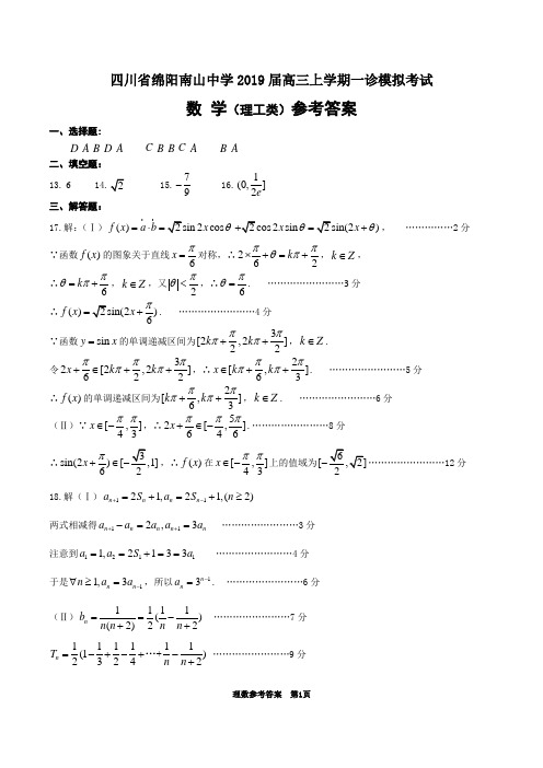 四川省绵阳南山中学2019届高三上学期一诊模拟考试理科数学参考答案