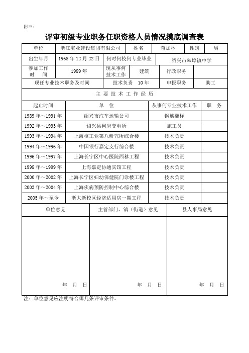 评审初级专业职务任职资格人员情况摸底调查表