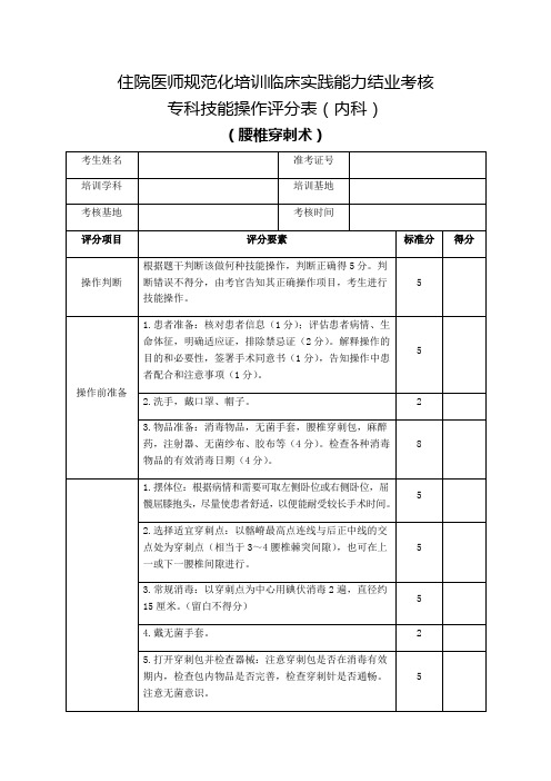 住院医师规范化培训临床实践能力结业考核专科技能操作评分表(内科)腰椎穿刺术