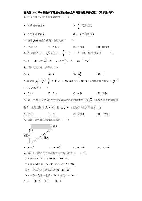 青岛版2020八年级数学下册第七章实数自主学习基础达标测试题2(附答案详解)