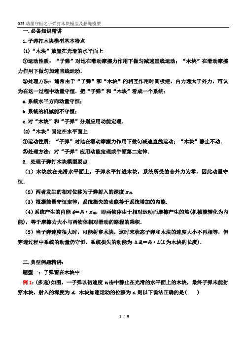 动量守恒之子弹打木块模型及悬绳模型 高三物理一轮复习专题