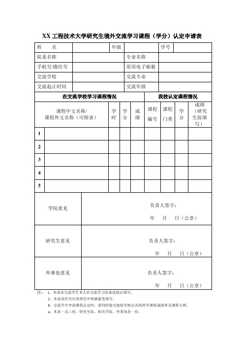 XX工程技术大学境外交流学习课程(学分)认定申请表