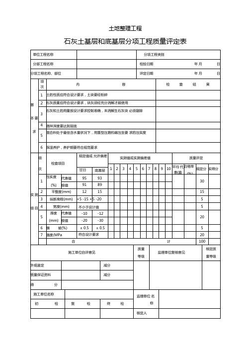 土地整理工程石灰土基层和底基层分项工程质量评定表