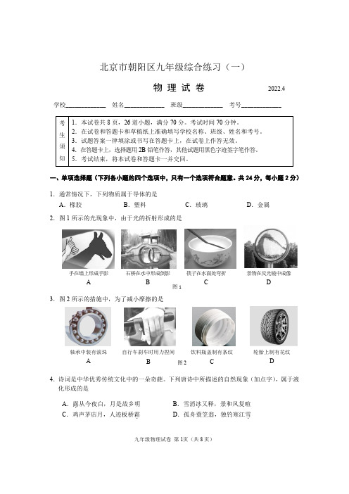 2022年北京市朝阳区九年级中考一模物理试卷含答案