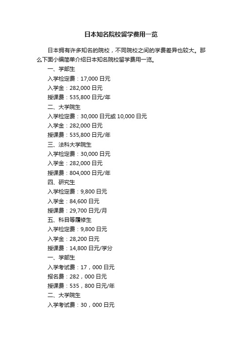 日本知名院校留学费用一览